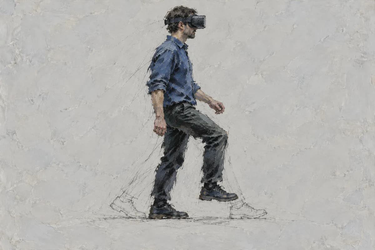Charcoal and blue paint study of a person wearing a headset and stepping in place